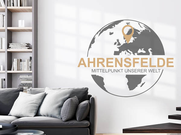 Wandtattoo Ahrensfelde - Mittelpunkt unserer Welt mit Pin im Globus