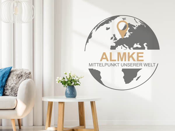 Wandtattoo Almke - Mittelpunkt unserer Welt mit Pin im Globus