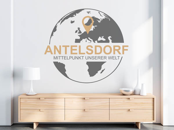 Wandtattoo Antelsdorf - Mittelpunkt unserer Welt mit Pin im Globus