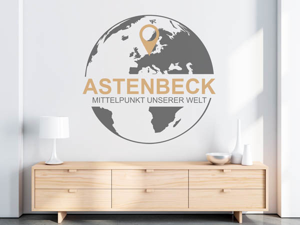 Wandtattoo Astenbeck - Mittelpunkt unserer Welt mit Pin im Globus