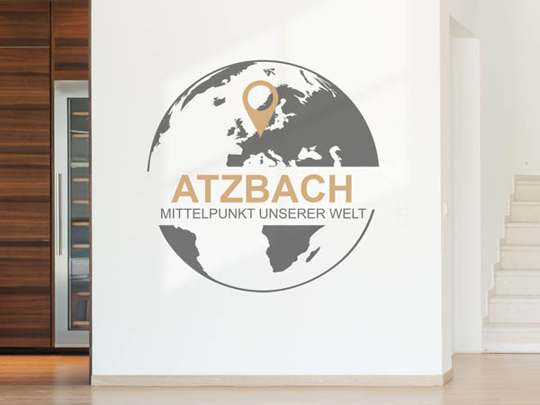 Wandtattoo Atzbach - Mittelpunkt unserer Welt mit Pin im Globus