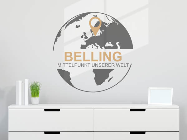 Wandtattoo Belling - Mittelpunkt unserer Welt mit Pin im Globus