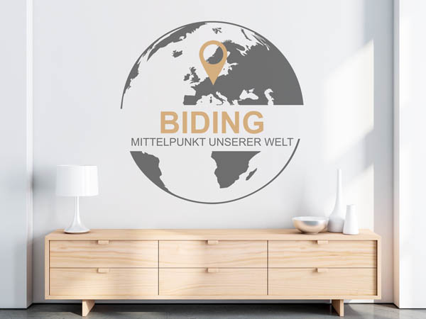 Wandtattoo Biding - Mittelpunkt unserer Welt mit Pin im Globus