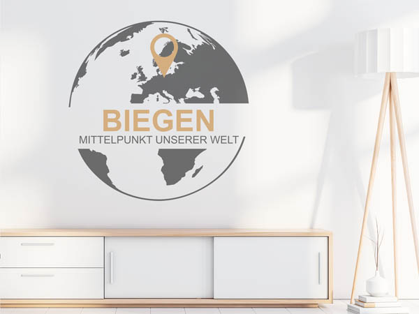 Wandtattoo Biegen - Mittelpunkt unserer Welt mit Pin im Globus