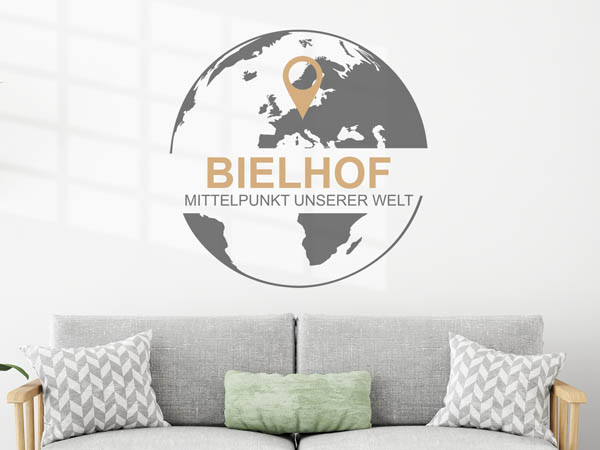 Wandtattoo Bielhof - Mittelpunkt unserer Welt mit Pin im Globus