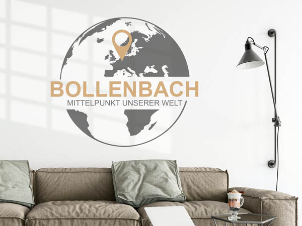 Wandtattoo Bollenbach - Mittelpunkt unserer Welt mit Pin im Globus