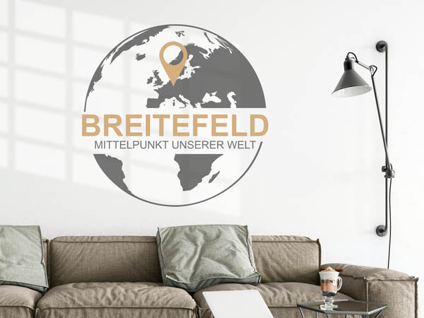 Wandtattoo Breitefeld - Mittelpunkt unserer Welt mit Pin im Globus