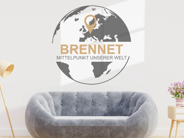 Wandtattoo Brennet - Mittelpunkt unserer Welt mit Pin im Globus