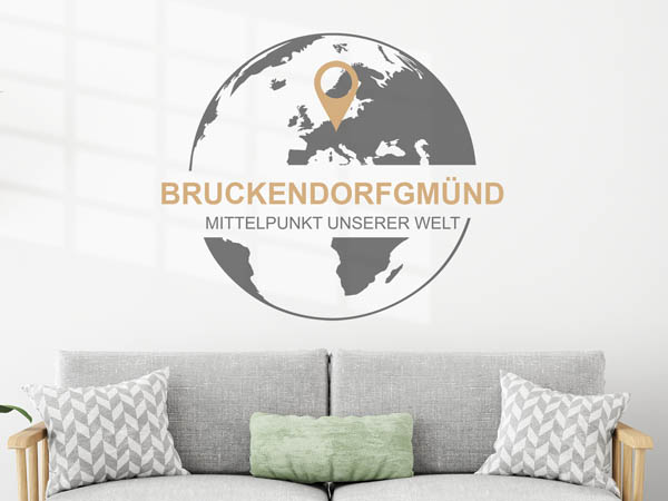Wandtattoo Bruckendorfgmünd - Mittelpunkt unserer Welt mit Pin im Globus