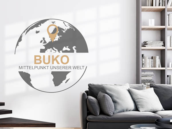 Wandtattoo Buko - Mittelpunkt unserer Welt mit Pin im Globus