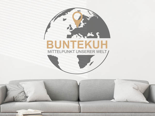 Wandtattoo Buntekuh - Mittelpunkt unserer Welt mit Pin im Globus
