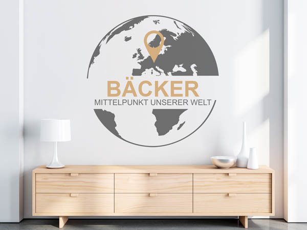 Wandtattoo Bäcker - Mittelpunkt unserer Welt mit Pin im Globus