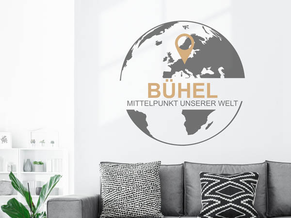 Wandtattoo Bühel - Mittelpunkt unserer Welt mit Pin im Globus