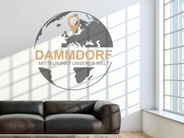 Wandtattoo Dammdorf - Mittelpunkt unserer Welt mit Pin im Globus