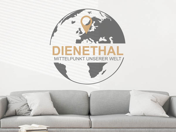 Wandtattoo Dienethal - Mittelpunkt unserer Welt mit Pin im Globus