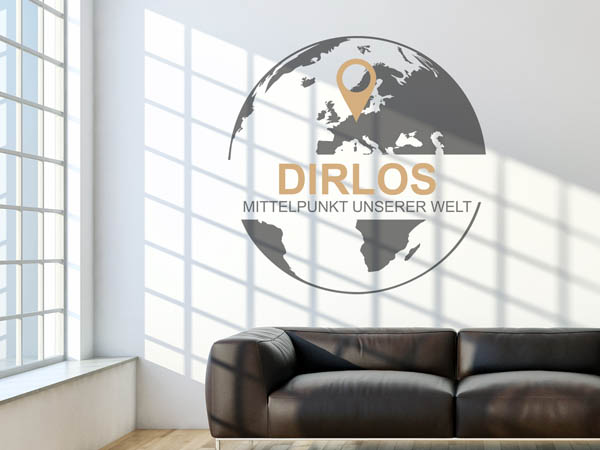 Wandtattoo Dirlos - Mittelpunkt unserer Welt mit Pin im Globus