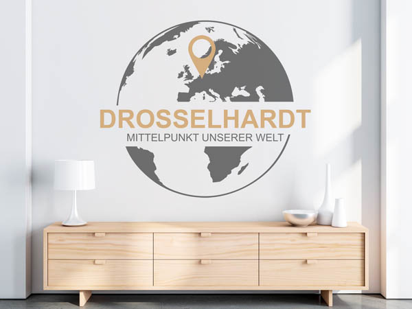 Wandtattoo Drosselhardt - Mittelpunkt unserer Welt mit Pin im Globus