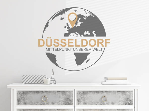 Wandtattoo Düsseldorf - Mittelpunkt unserer Welt mit Pin im Globus
