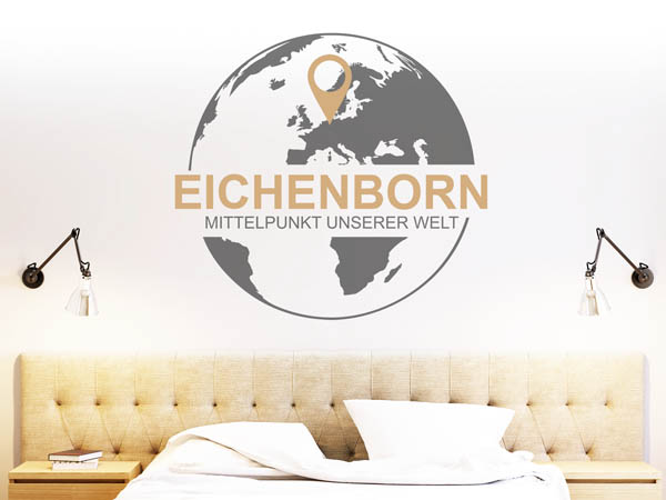 Wandtattoo Eichenborn - Mittelpunkt unserer Welt mit Pin im Globus