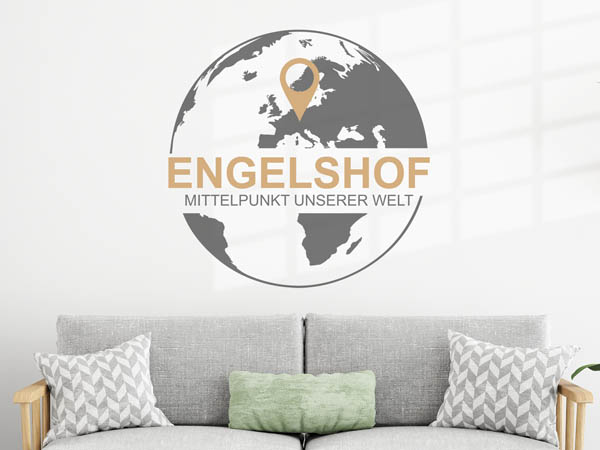 Wandtattoo Engelshof - Mittelpunkt unserer Welt mit Pin im Globus