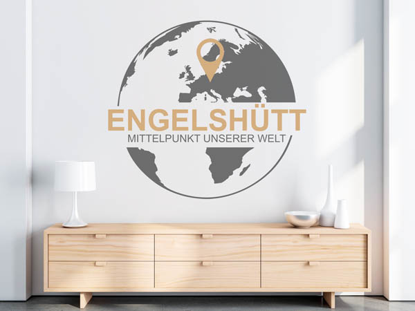 Wandtattoo Engelshütt - Mittelpunkt unserer Welt mit Pin im Globus