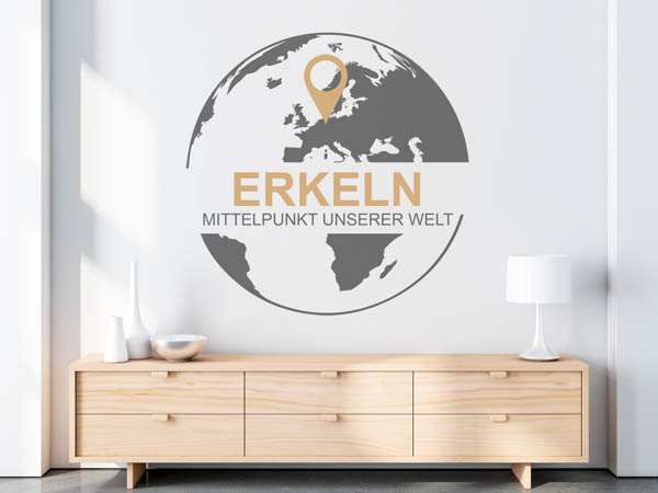 Wandtattoo Erkeln - Mittelpunkt unserer Welt mit Pin im Globus