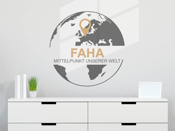 Wandtattoo Faha - Mittelpunkt unserer Welt mit Pin im Globus