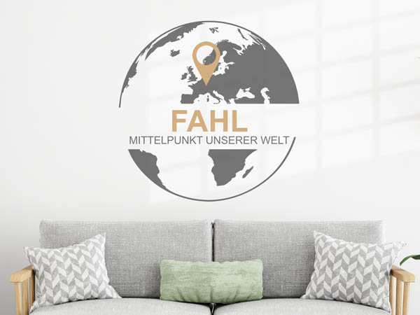 Wandtattoo Fahl - Mittelpunkt unserer Welt mit Pin im Globus