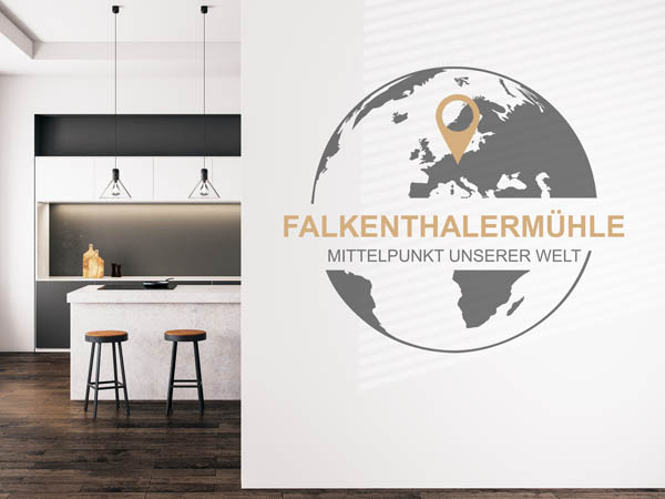 Wandtattoo Falkenthalermühle - Mittelpunkt unserer Welt mit Pin im Globus
