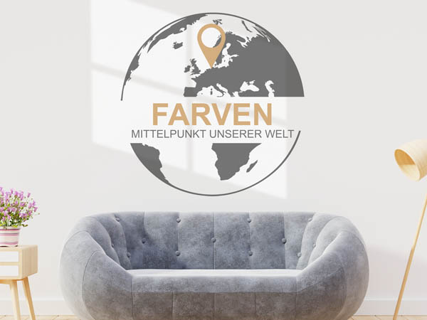 Wandtattoo Farven - Mittelpunkt unserer Welt mit Pin im Globus