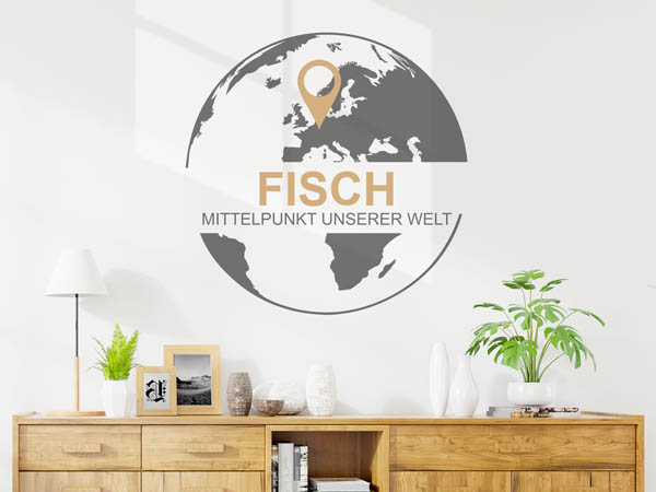 Wandtattoo Fisch - Mittelpunkt unserer Welt mit Pin im Globus