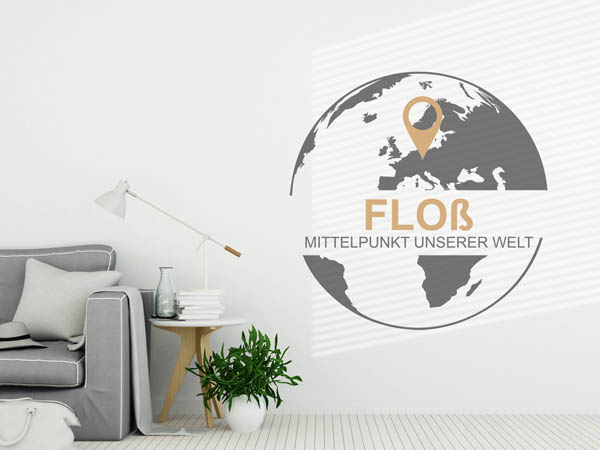 Wandtattoo Floß - Mittelpunkt unserer Welt mit Pin im Globus