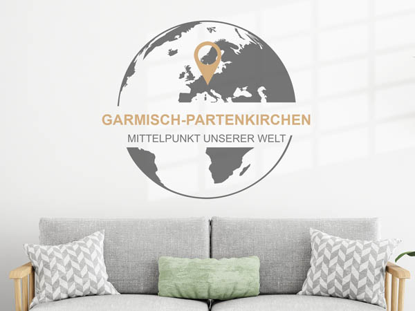 Wandtattoo Garmisch-Partenkirchen - Mittelpunkt unserer Welt mit Pin im Globus