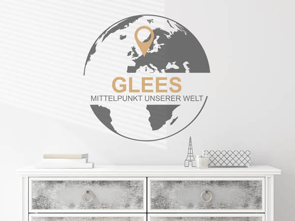 Wandtattoo Glees - Mittelpunkt unserer Welt mit Pin im Globus