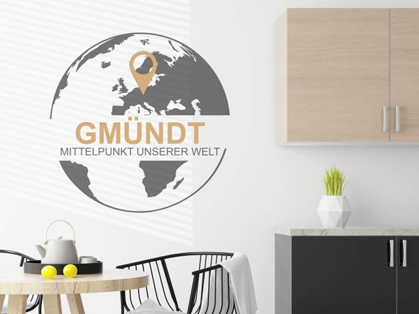 Wandtattoo Gmündt - Mittelpunkt unserer Welt mit Pin im Globus