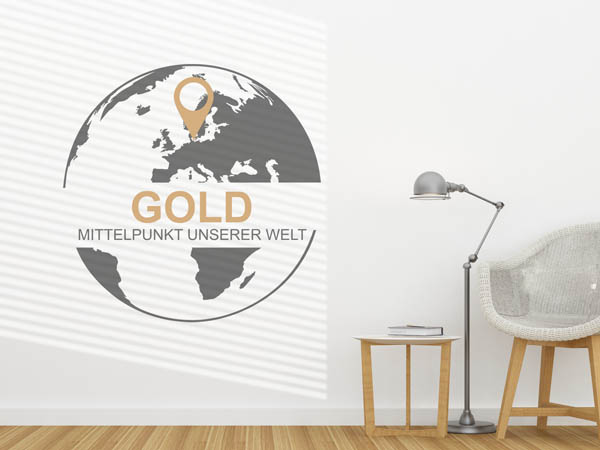 Wandtattoo Gold - Mittelpunkt unserer Welt mit Pin im Globus