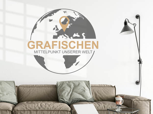 Wandtattoo Grafischen - Mittelpunkt unserer Welt mit Pin im Globus