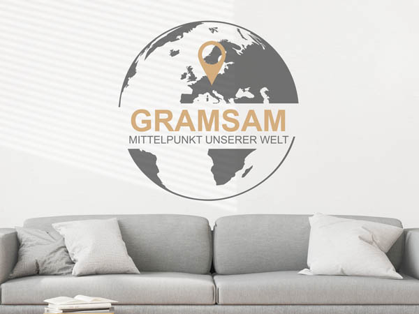 Wandtattoo Gramsam - Mittelpunkt unserer Welt mit Pin im Globus