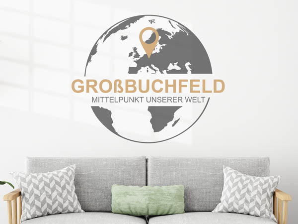 Wandtattoo Großbuchfeld - Mittelpunkt unserer Welt mit Pin im Globus