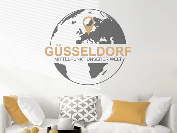 Wandtattoo Güsseldorf - Mittelpunkt unserer Welt mit Pin im Globus