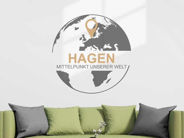 Wandtattoo Hagen - Mittelpunkt unserer Welt mit Pin im Globus