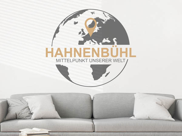 Wandtattoo Hahnenbühl - Mittelpunkt unserer Welt mit Pin im Globus
