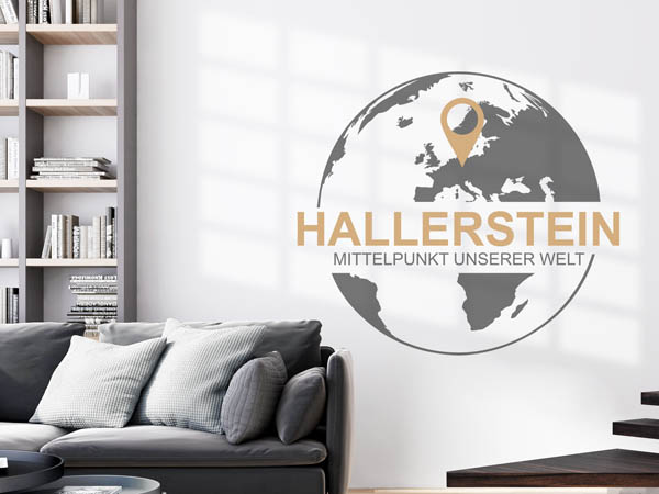 Wandtattoo Hallerstein - Mittelpunkt unserer Welt mit Pin im Globus