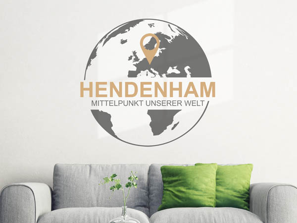 Wandtattoo Hendenham - Mittelpunkt unserer Welt mit Pin im Globus