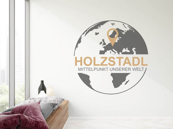 Wandtattoo Holzstadl - Mittelpunkt unserer Welt mit Pin im Globus