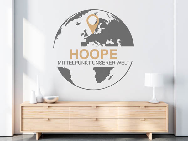 Wandtattoo Hoope - Mittelpunkt unserer Welt mit Pin im Globus