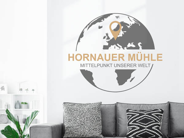 Wandtattoo Hornauer Mühle - Mittelpunkt unserer Welt mit Pin im Globus