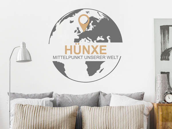 Wandtattoo Hünxe - Mittelpunkt unserer Welt mit Pin im Globus