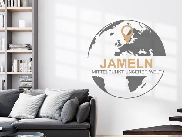 Wandtattoo Jameln - Mittelpunkt unserer Welt mit Pin im Globus
