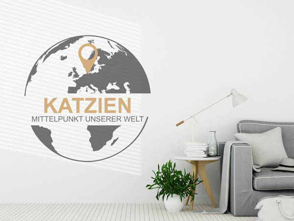 Wandtattoo Katzien - Mittelpunkt unserer Welt mit Pin im Globus